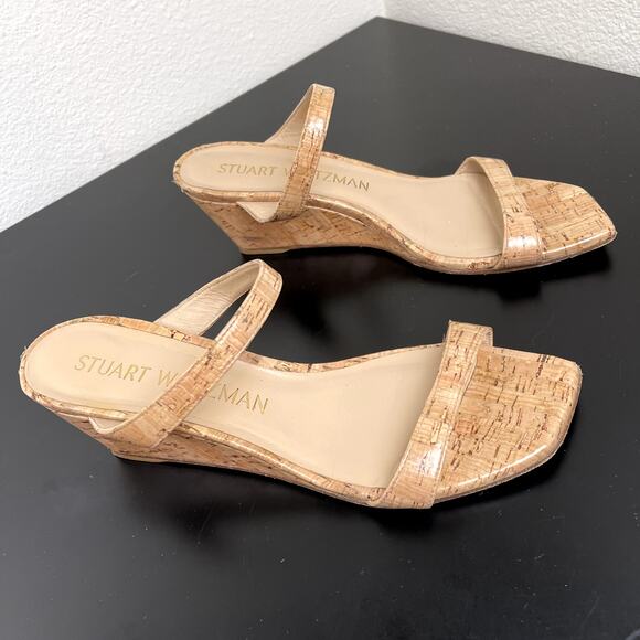 Stuart Weitzman Cork Wedge Sandals 9.5 Women’s Slip-On Strappy Nude Summer Heel - Picture 7 of 10